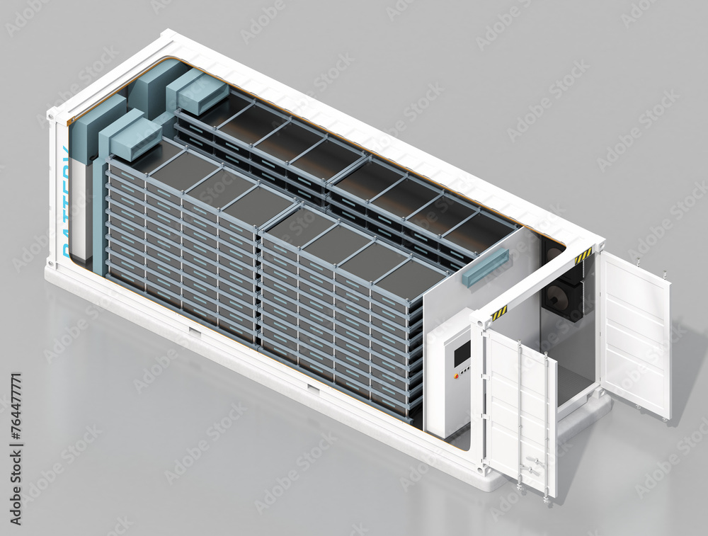 Isometric Cutaway view of Containerized Battery Energy Storage System on gray background. Generic design. 3D rendering image. Isometric Cutaway view of Containerized Battery Energy Storage System on gray background. Generic design. 3D rendering image.