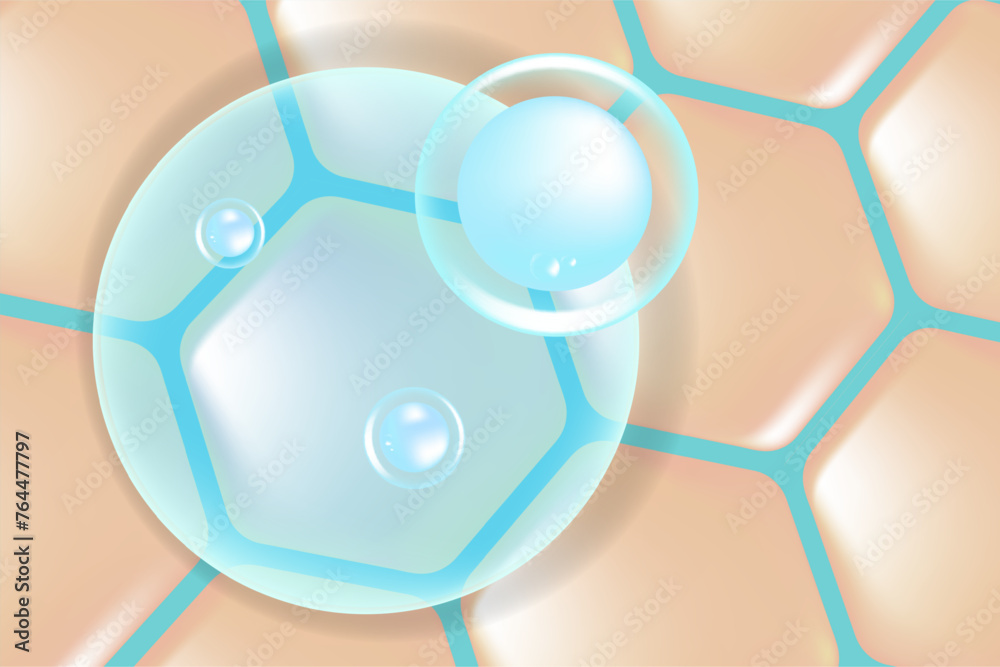 Hyaluronic acid and Niacinamide hair and skin solutions ad, blue collagen serum drops into skin cell with cosmetic advertising background ready to use, illustration vector.	