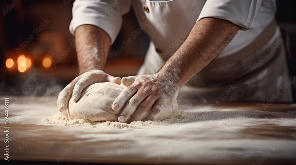 Male hands of chef kneading dough in flour on kitchen table. AI Generative. Close up, banner