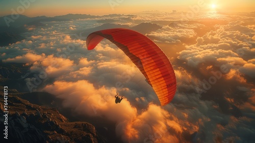 a paraglider gliding peacefully above the clouds