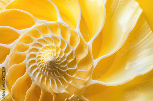 A closeup of the nautilus shell  showcasing its intricate spiral pattern and yellow color against a soft background