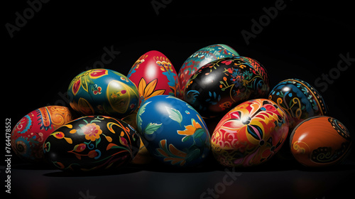 Eggs painted for Easter On a black background.