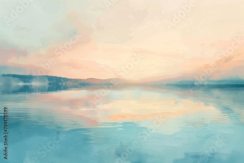 A dreamy wallpaper illustration depicting a serene lake at golden hour, with reflections of the surrounding landscape shimmering, Generative AI © Formatikastd