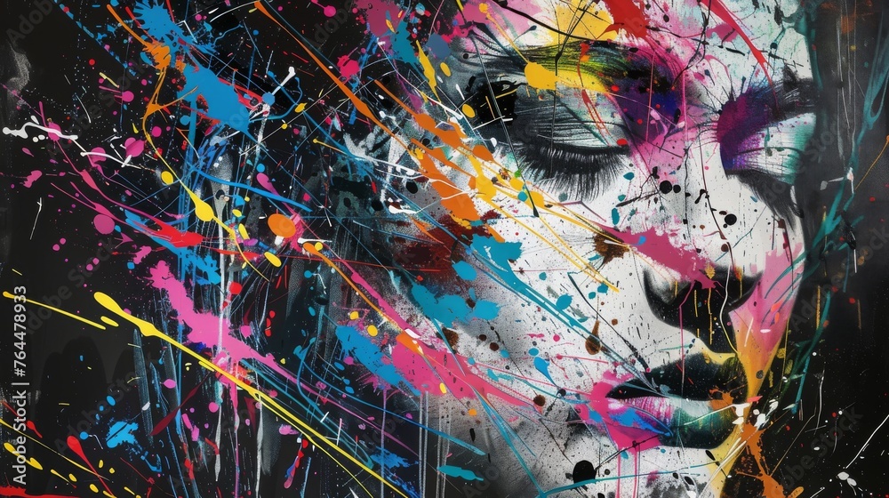 An abstract portrait combining street art influences with explosive color splashes, depicting a face in dynamic hues.