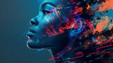 An abstract techno-inspired portrait of a woman with striking urban graphics overlay, depicting modernity and digital connection.