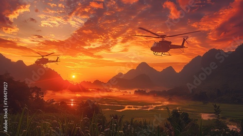 helicopters flying over the rice paddies of South Vietnam