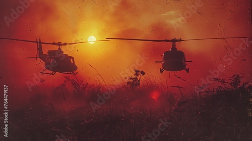 helicopters flying over the rice paddies of South Vietnam © bannafarsai