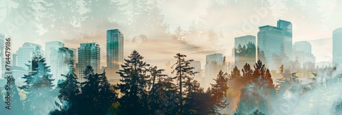 A tranquil merge of a bustling city skyline with the serene beauty of a forest, depicted in a seamless double exposure technique. photo