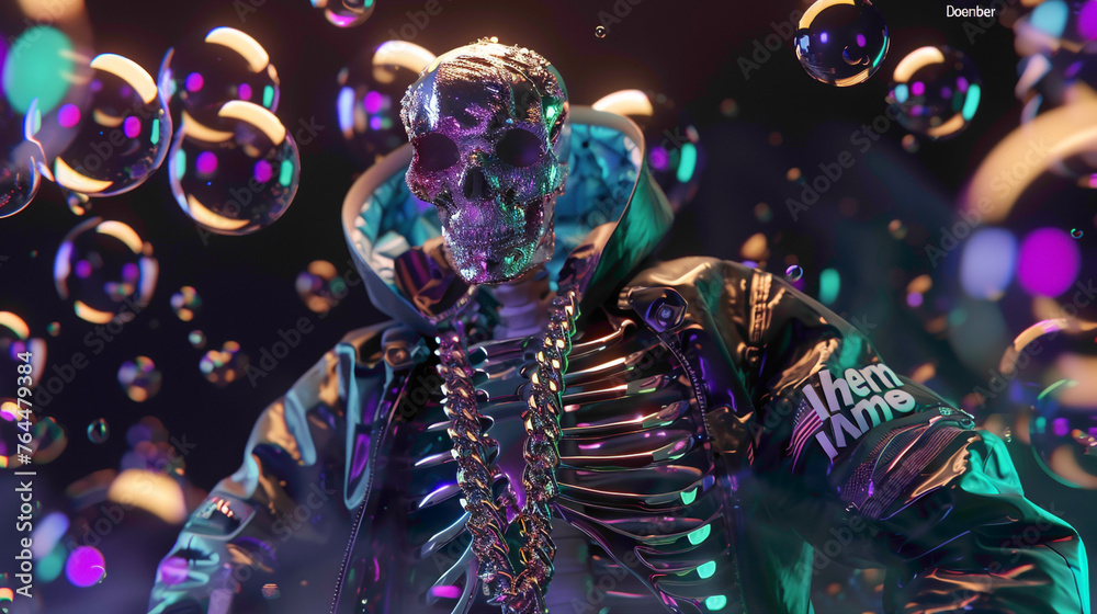 Beautiful wallpaper of Hip Hop style Mr. Skelton in cyberpunk style.