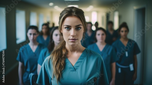 Portrait of a young nursing student standing with her team in hospital, dressed in scrubs