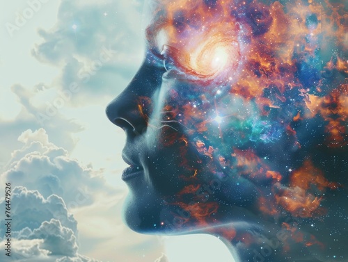 A digital art piece blending a woman's profile with the vibrant colors and celestial bodies of a star-forming nebula.