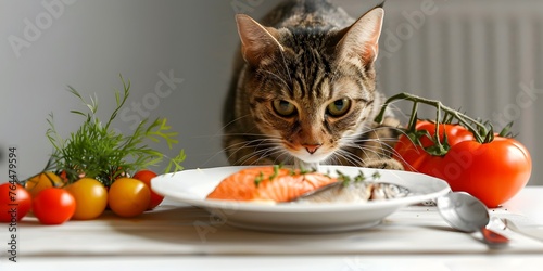 Gourmet Chef Cat Serving Delectable Fish Dish on White Background with Copy Space © Bussakon