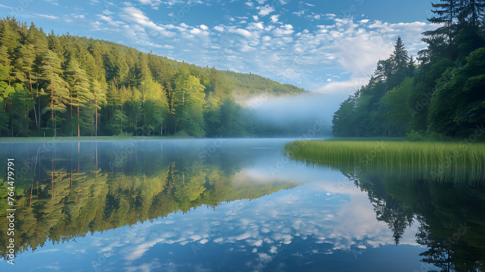 Fototapeta premium Bodies of water like ponds, lakes, or rivers during calm weather to capture enchanting reflections of the surrounding landscape