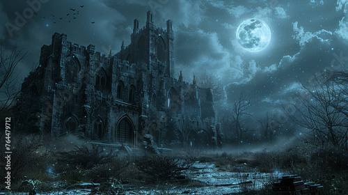ancient castle in the night, Reimagine in a castle Midnight Moon in the Evil Meta, halloween night scene High detailed and high resolution smooth and high quality photo professional photography.