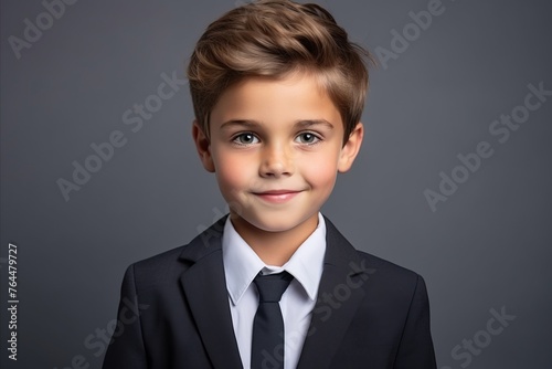 Closeup portrait of a cute little boy in a business suit.