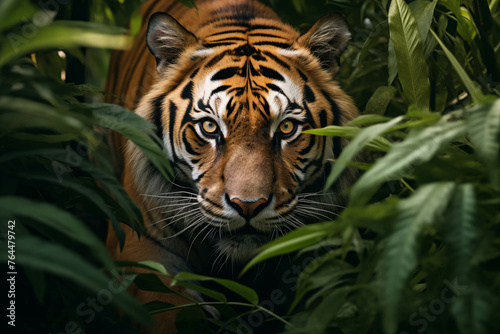 Tiger in the zoo and on the rock, a majestic wildcat with striped fur and a fierce face in its natural habitat. © Gun