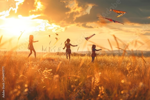 A nostalgic wallpaper design evoking the magic of childhood memories at golden hour, with children flying kites in a sun-drenched field, Generative AI