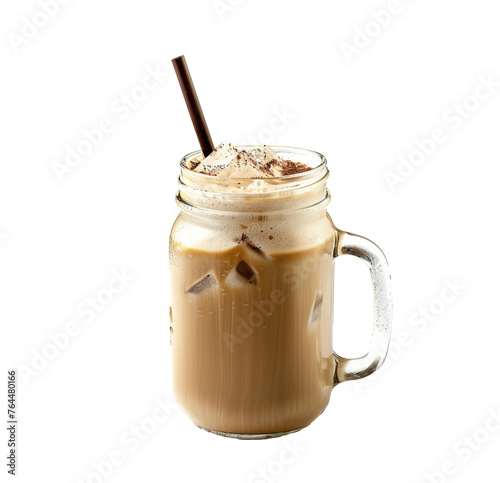 Iced coffee in a mason glass with a brown straw, isolated, transparent background.