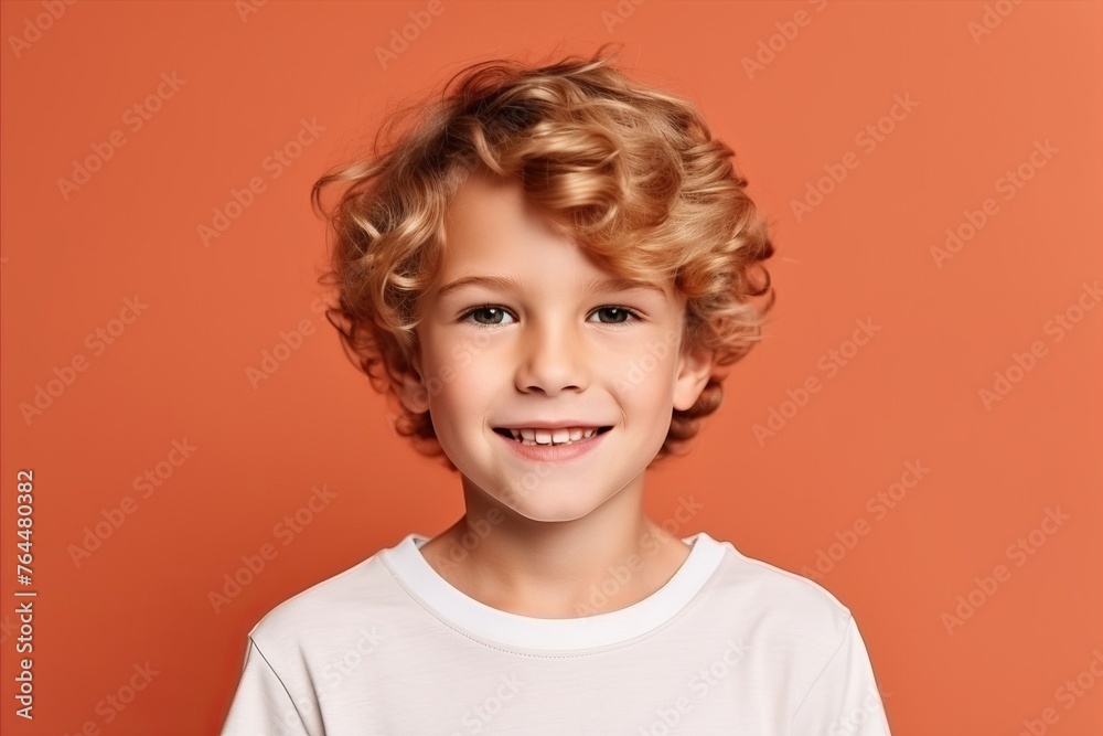 Portrait of a cute little boy with curly hair over orange background Portrait of a cute little boy with curly hair over orange background