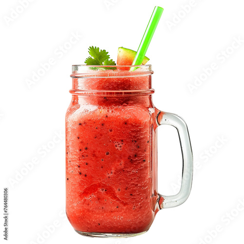 A vibrant watermelon smoothie in a mason glass with a green straw, isolated, transparent background.