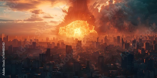 Aftermath of a nuclear blast obliterating a city in a scenario of atomic warfare. Concept Nuclear Devastation, Atomic Warfare, Post-Apocalyptic Ruins photo