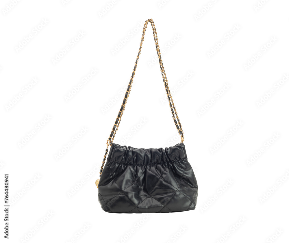 Women's black leather handbag Luxurious modern lifestyle Isolated on white background - clipping path