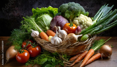 かごいっぱいの野菜。野菜の盛り合わせイメージ。美味しそうな新鮮野菜。A basket full of vegetables. Image of assorted vegetables. Delicious fresh vegetables.