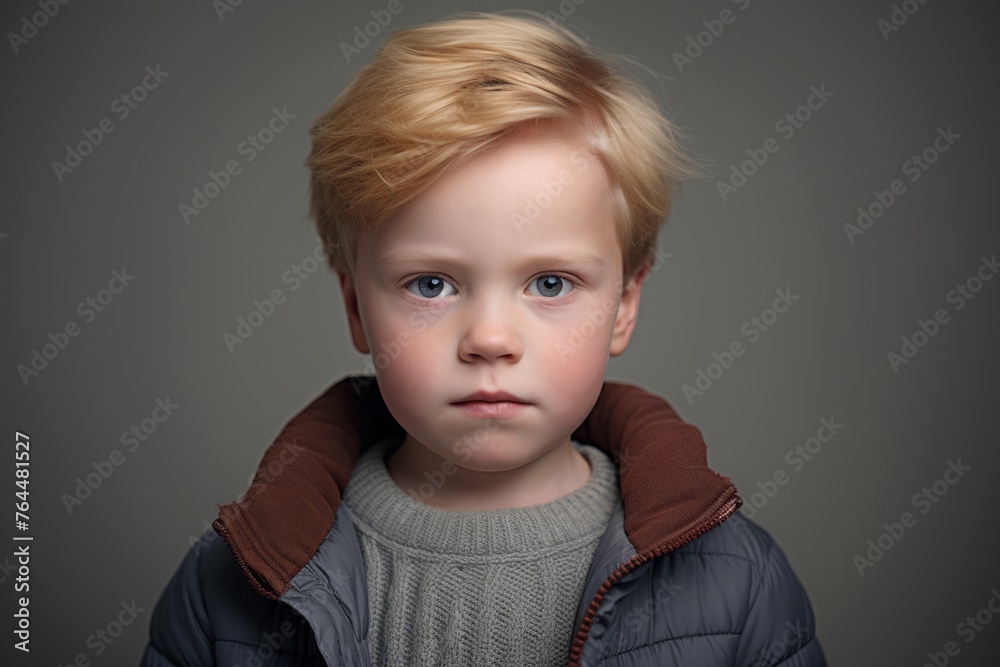 Portrait of a cute little boy with blond hair and blue eyes. Studio shot.