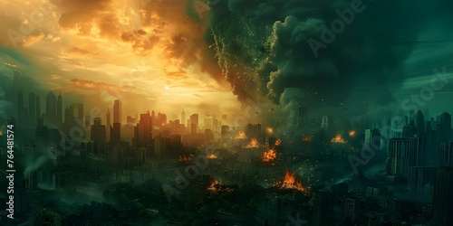 Apocalyptic cityscape with nuclear bomb explosion and destruction dark and eerie. Concept Dark Cityscape, Apocalyptic Scene, Nuclear Explosion, Destruction, Eerie Atmosphere