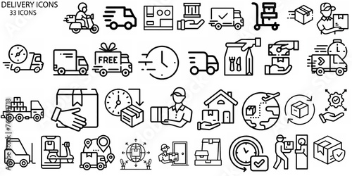 Delivery black icons set. Collection of graphic elements for website. Logistics and transportation, courier with parcel at back. Cartoon flat vector illustrations isolated on white background
