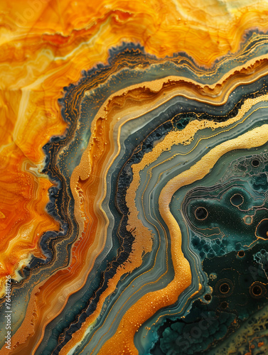 Geological Elegance: Striking Strata of Orange and Teal Mineral Layers in Abstract Art Form 
