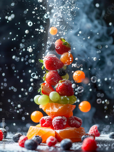 Freshness Exploding in Every Bite  Fruit Cascade with Water Splashes 