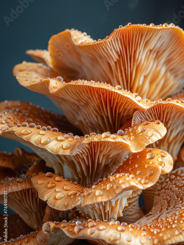 Natural Patterns and Textures: Close-Up of Orange Mushroom Gills with Dew Drops 