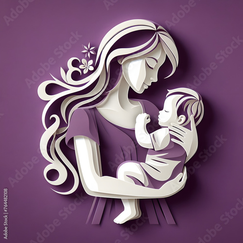 Mother with baby, paper cut illustration, isolated on purple background, Mother's Day, Mother Love Child

