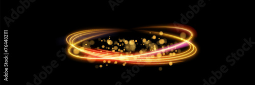 Magical light effect. Rotating luminous ellipses. Dynamic golden rings on black background.