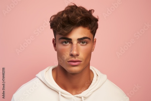 Portrait of handsome young man in white hoodie on pink background