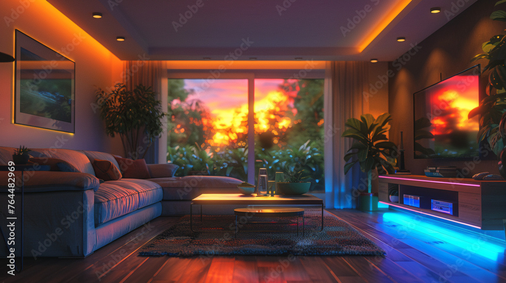 Home cinema, living room with colored LED lighting - Smart home. Big Tv In A Living Room. Elegant living room with big tv screen. Colored LED lit living room with home theater. Home cinema, living room with colored LED lighting - Smart home. Big Tv In A Living Room. Elegant living room with big tv screen. Colored LED lit living room with home theater.