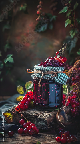 Vintage Aesthetic: Homemade Berry Jam in a Glass Jar on Rustic Table Setting, Accented with Fresh Berries and an Antique Spoon