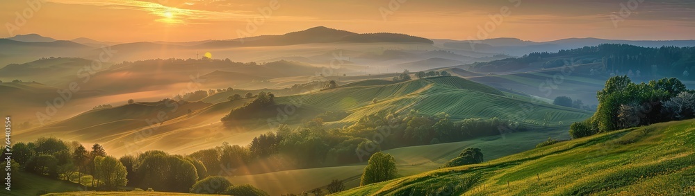 Spring scenery on the hills under the twilight sun