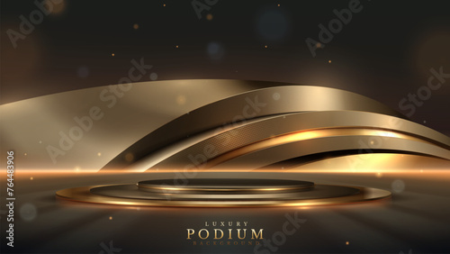 Modern platform for product presentations or awards ceremonies, featuring an elegant golden stage with warm, soft glowing lights and smooth, flowing black curves.