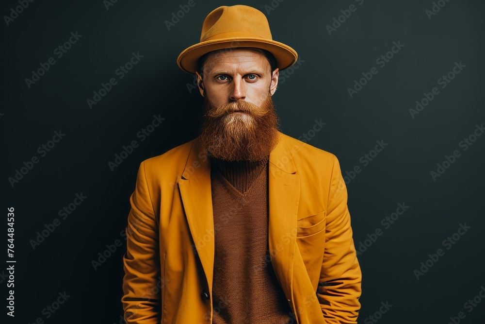 Stylish bearded man in yellow jacket and hat looking at camera on black background Stylish bearded man in yellow jacket and hat looking at camera on black background