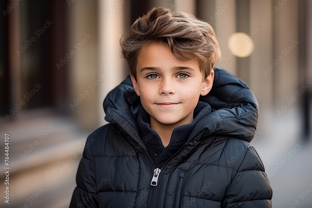 Portrait of a cute little boy in winter jacket looking at camera Portrait of a cute little boy in winter jacket looking at camera