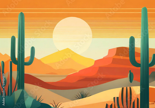 sunset over desert landscape with canyon and cactus trees flat design illustration
