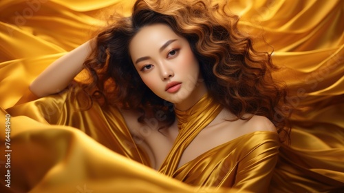 Beautiful Japaneese young woman with curly hair in golden dress. Luxury and premium photography for advertising product design