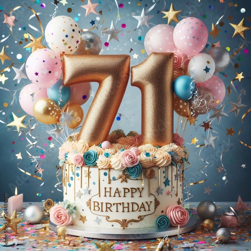 Vector Illustration of a Number 71st Birthday Balloon Celebration Cake, Adorned with Sparkling Confetti, Stars, Glitters, and Streamer Ribbons for a Festive Atmosphere	 photo