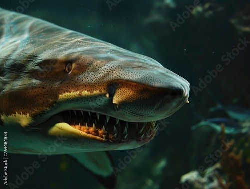 A close-up image of a shark gliding underwater  showcasing its streamlined body  sharp teeth  and focused eyes amid the marine environment. shark  underwater  predator  teeth  marine  close-up