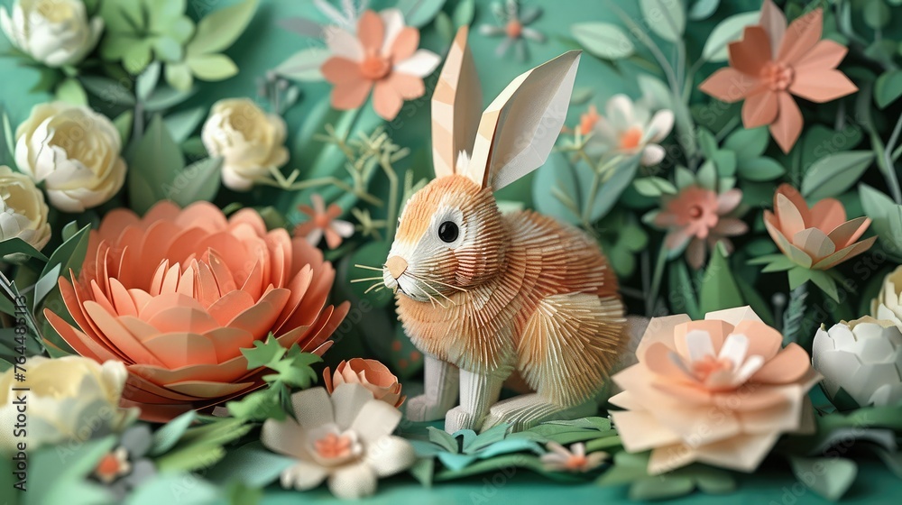 paper image, origami bunny in a floral landscape. Postcard on spring, Easter and children's themes.
