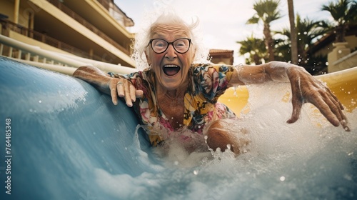 A beautiful smiling adult gray-haired elderly woman rides a slide in a water park. Grandma loves outdoor activities. © Cherkasova Alie