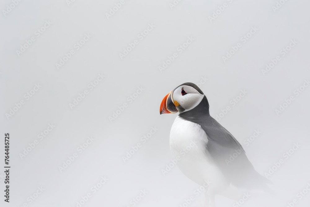 Fototapeta premium Puffin Portrait Against a Minimalist Backdrop. Isolated Against White Background. Copy Space/Blank Space. 