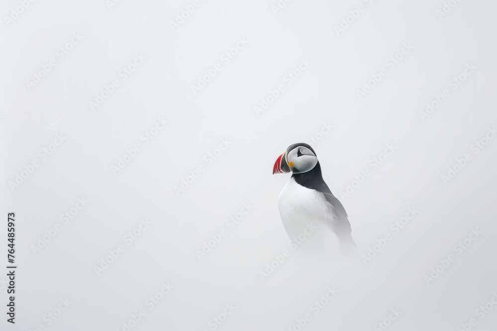 Fototapeta premium Puffin Portrait Against a Minimalist Backdrop. Isolated Against White Background. Artistic Presentation. 